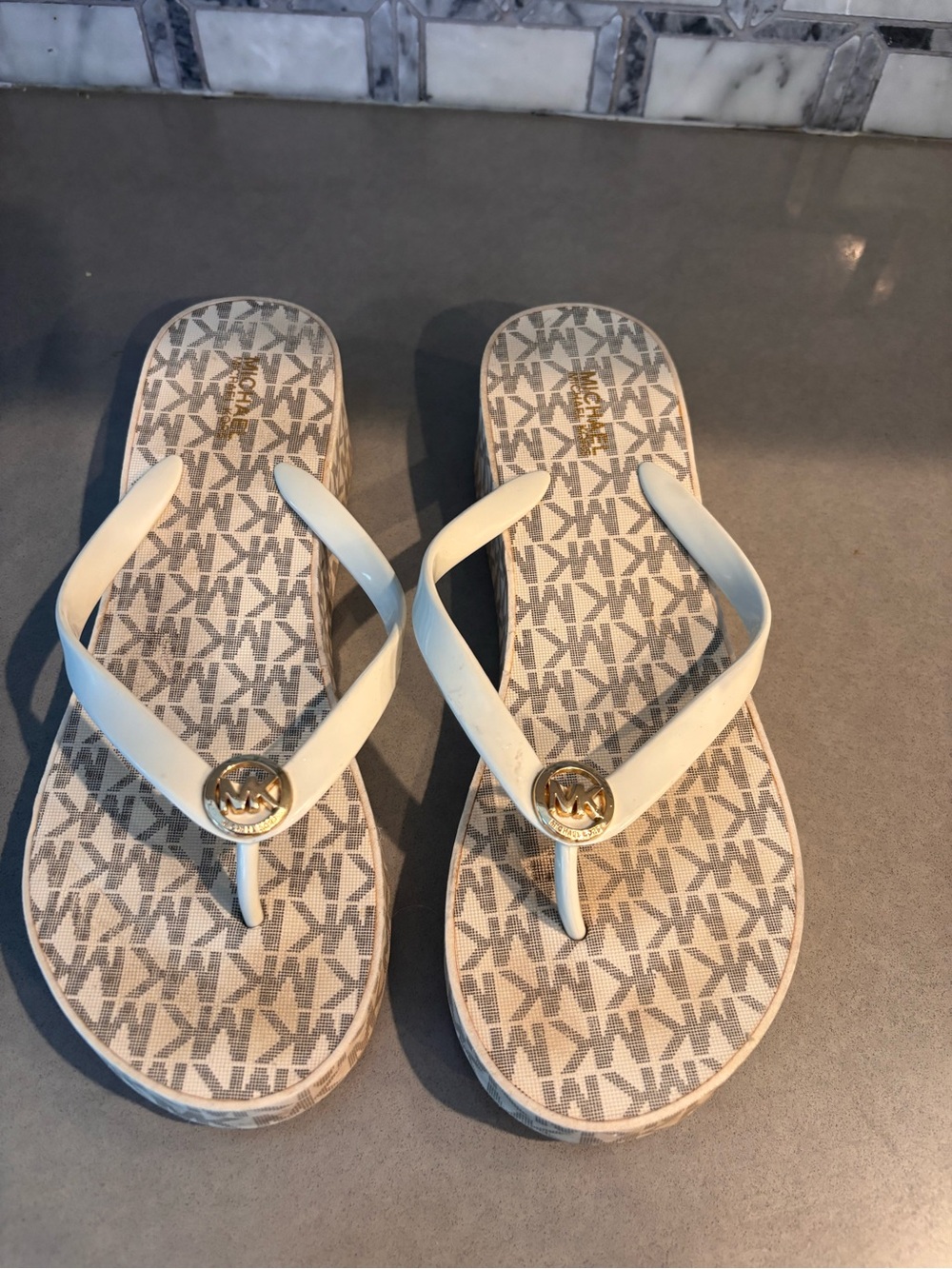 Michael Kors platform Cream and Beige MK Logo Flip Flop Sandals